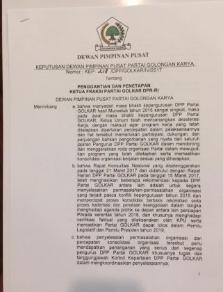 SK DPP PG Nomor: KEP-218/DPP/GOLKAR/IV/2017,