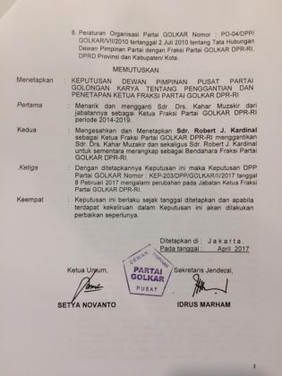 SK DPP PG Nomor: KEP-218/DPP/GOLKAR/IV/2017,