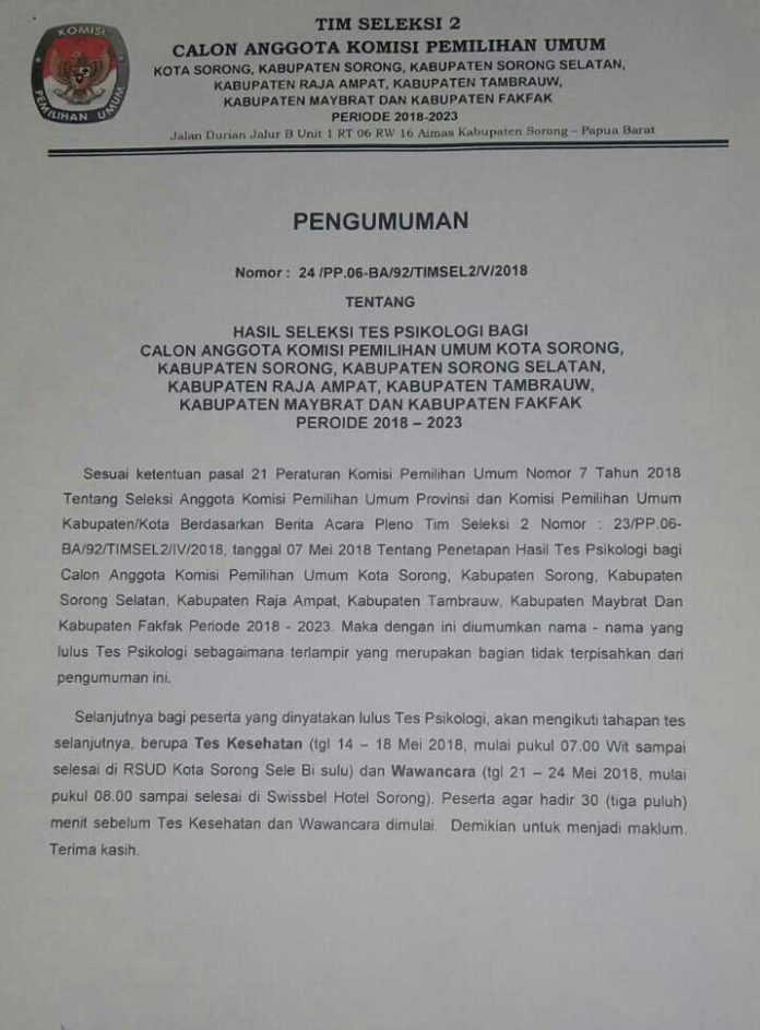 Ini Hasil Psiko Test Calang KPU Wilayah 2 Papua Barat