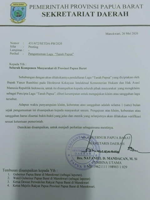 Pengumuman Pendaftaran Lagu Tanah Papua di Kemenkumham