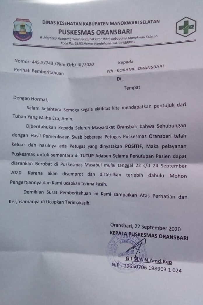 Terpapar Covid-19, Puskesmas Oransbari Tutup Sementara