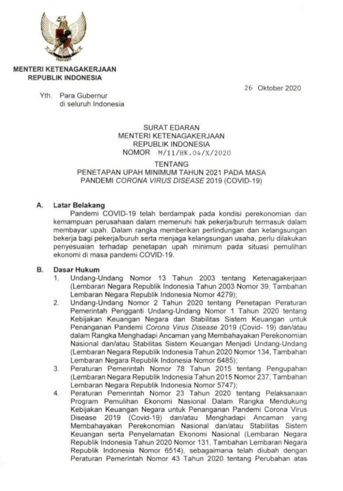 Kementerian Naker Tetapkan UMP 2021 Sama Dengan UMP 2020