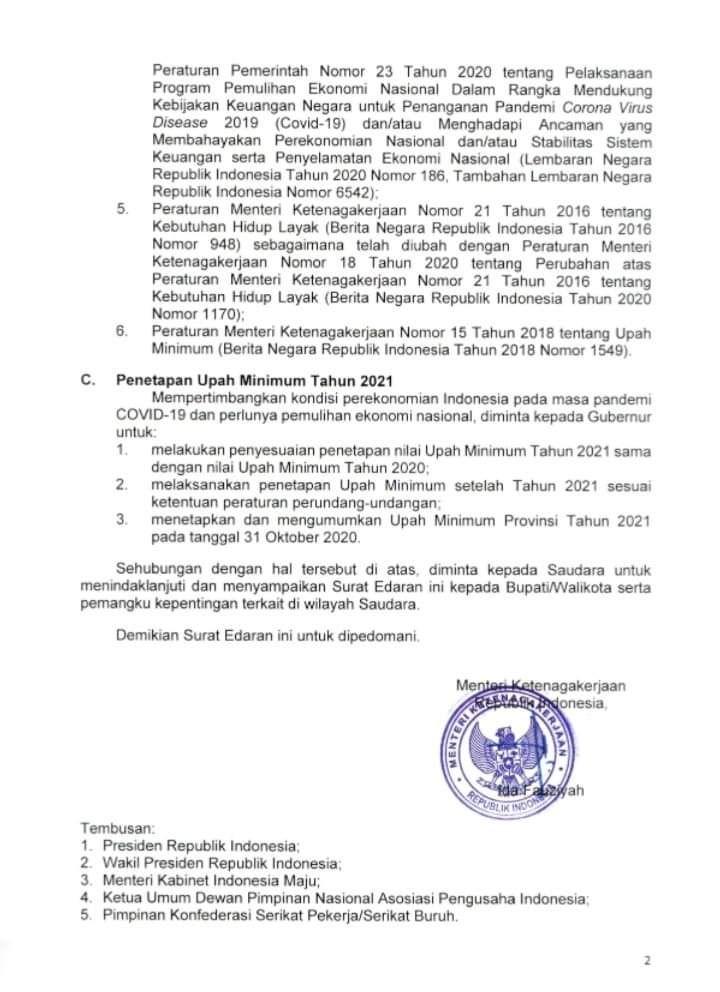 Kementerian Naker Tetapkan UMP 2021 Sama Dengan UMP 2020