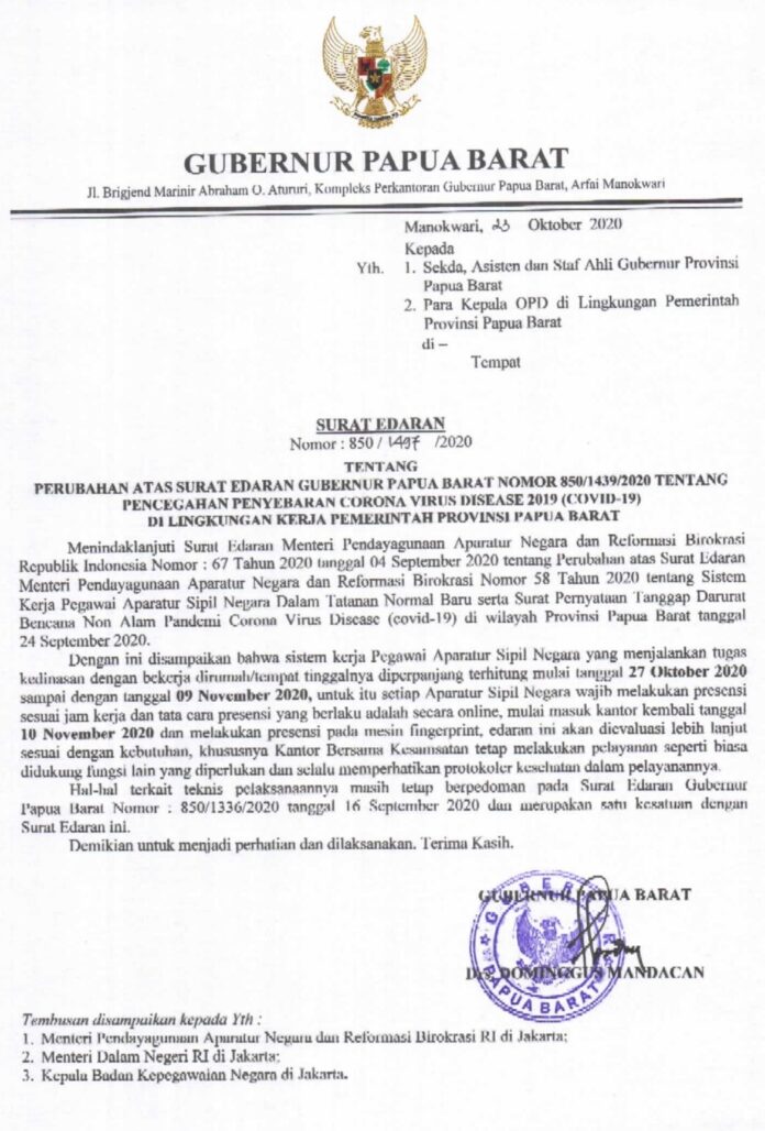 WFH Papua Barat Diperpanjang Sampai 09 November 2020