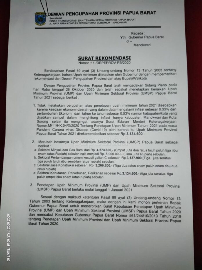 Sah, UMP Papua Barat 2021 Sama Dengan 2020, UMS Migas Naik Jadi 5 Juta