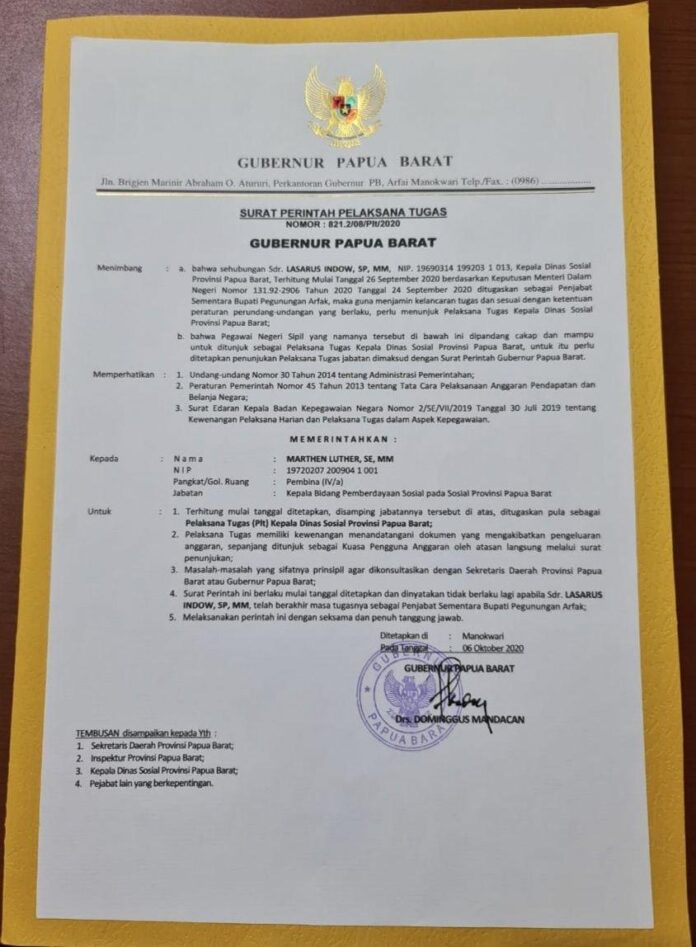 Gubernur Papua Barat Tunjuk Marthen Luther Plt Kepala Dinas Sosial