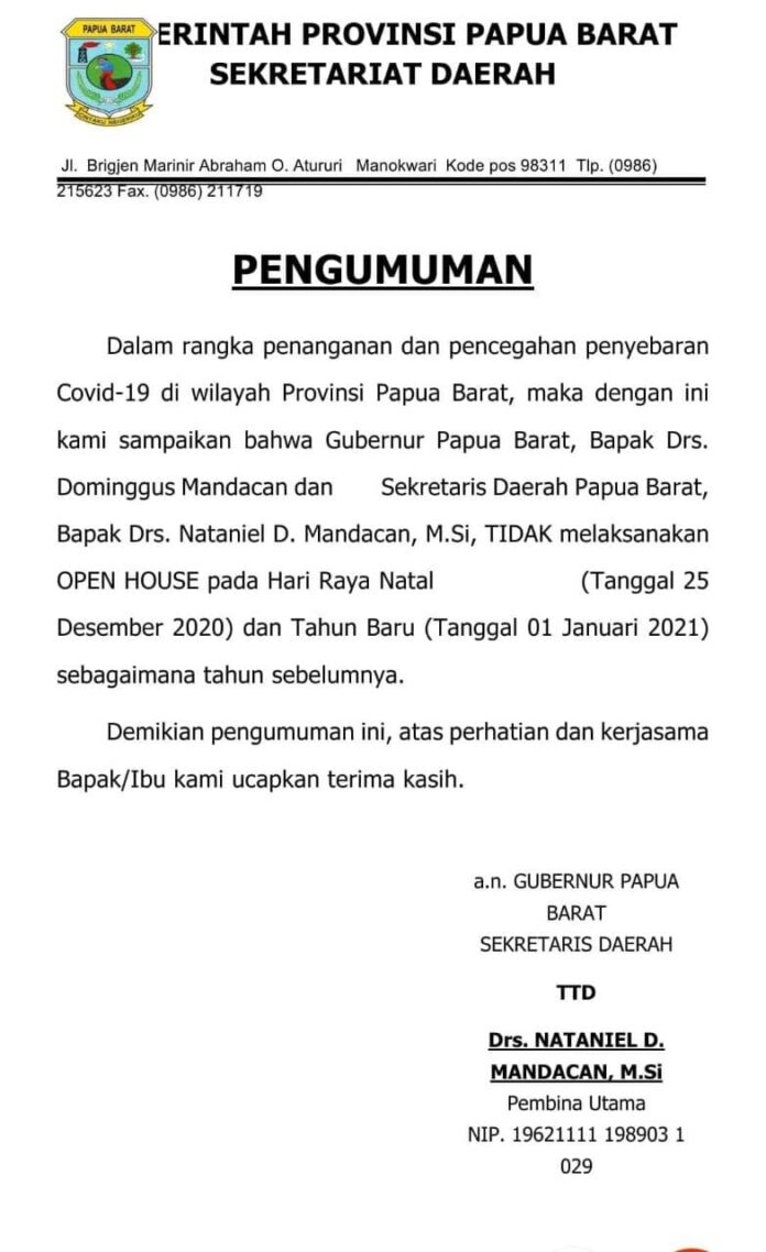 Gubernur dan Sekda Papua Barat Tak Open House Natal dan Tahun Baru