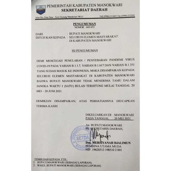 Bupati Manokwari Tak Terima Tamu 1 Bulan