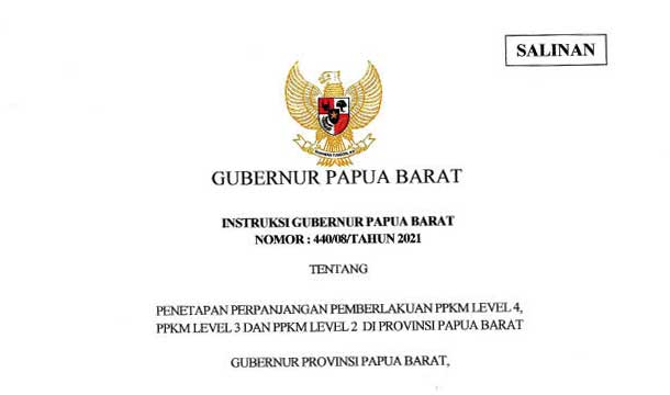 Instruksi-Gubernur-PB-No-440-08-Thn-2021_1 PPKM Papua Barat Diperpanjang Sampai 20 September, 1 Level 4, 9 Level 2, 3 Level 3