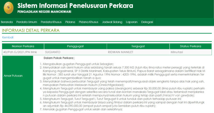 PN Manokwari Putuskan Ridwan Manilet Bersalah Dalam Kasus Tanah di Argosimerai