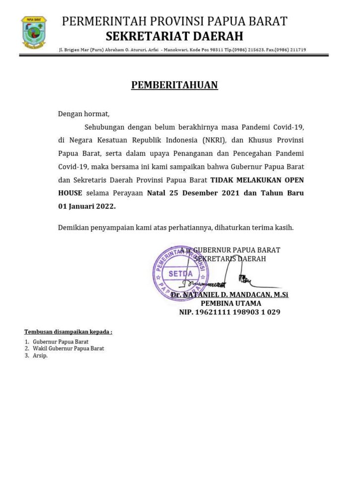 Gubernur Papua Barat dan Sekda Papua Barat Tak Open House