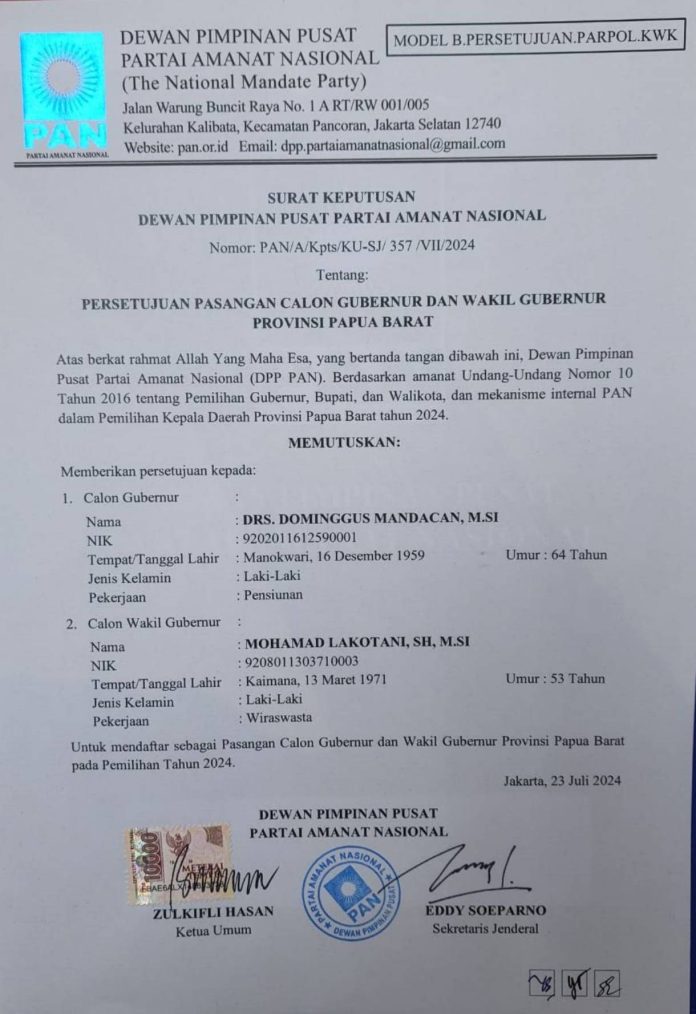 Ini Dukungan PAN Buat DoaMu di Pilkada Papua Barat