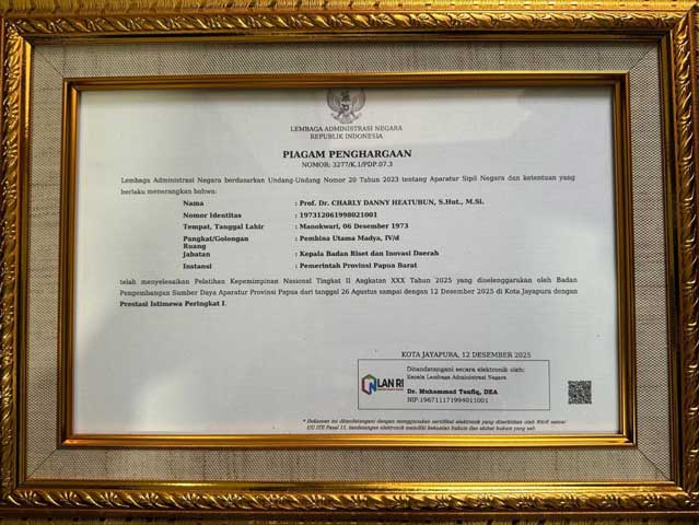 piagam-brida-papua-barat-2 Kepala BRIDA Papua Barat Peserta Terbaik PKN Tingkat II Angkatan XXX 2025 Papua