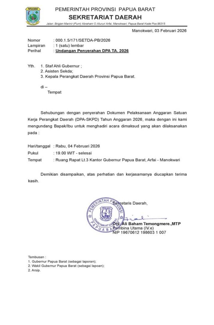 Malam Ini Penyerahan DPA SKPD 2026 Papua Barat